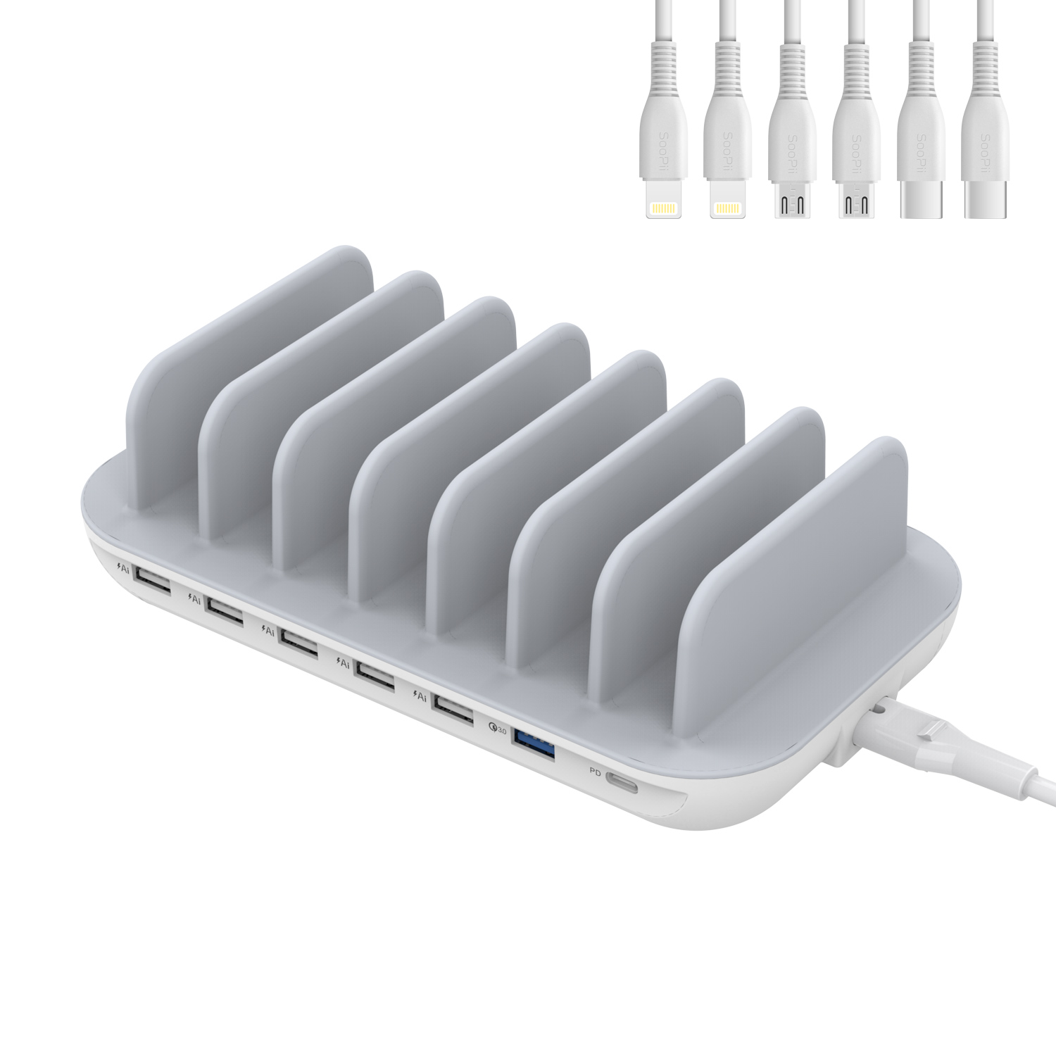 SooPii 60W 7-Port USB Charging Station for Multiple Devices, Fast Charging with QC 3.0 & Power Delivery 3.0 7 Cables Included SooPii 60W 7-Port USB Charging Station for Multiple Devices, Fast Charging with QC 3.0 & Power Delivery 3.0 7 Cables Included