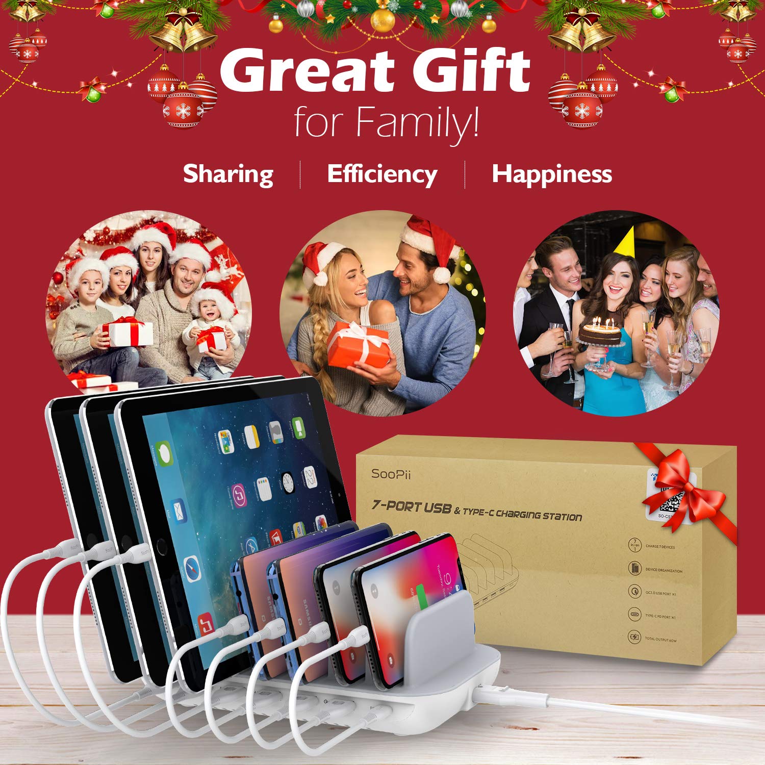 SooPii 60W 7-Port USB Charging Station for Multiple Devices, Fast Charging with QC 3.0 & Power Delivery 3.0 7 Cables Included SooPii 60W 7-Port USB Charging Station for Multiple Devices, Fast Charging with QC 3.0 & Power Delivery 3.0 7 Cables Included